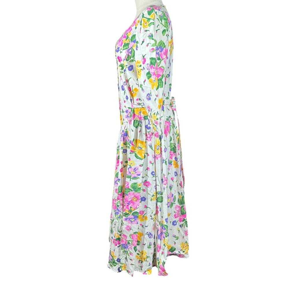 Vtg 80s Cottagecore White Pink Floral Midi Dress Drop Waist Shoulder Pads Sz 12 - Picture 6 of 11